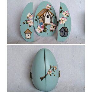 Signed Wooden Egg Folk Art Hand Painted Birds Floral Blue Hinged Spring Trifold